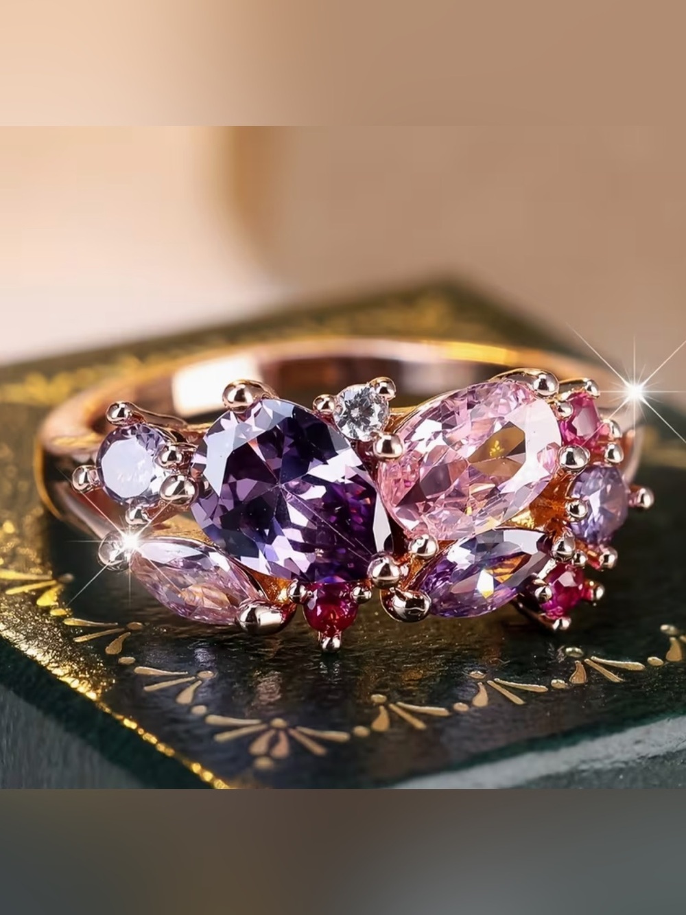 Elegant & Luxurious Floral Rainbow Synthetic Zirconia Ring. - Picture 4 of 5